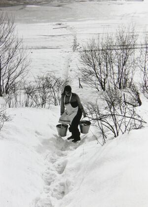 Fru Svendsen bærer vann fra Drammenselva foto Bernt Svendsen 1943 P1060161.JPG