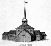 Klæbu kirke i 1773, tegning av Gerhard Schøning.