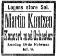 Faksimile fra Aftenposten28. januar 1899: Annonse for konsert med Martin Knutzen med orkester i Logens store sal.