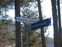 Meieribakken går parallelt med Fyresdal Bygdemuseum i Øyskogen og skiltet står i krysset med Folkestadgata. Foto: Olav Momrak-Haugan. 2021