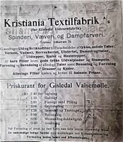 Gisledal Textilfabrik og Gisledal Valsemølle. Felles brosjyre.