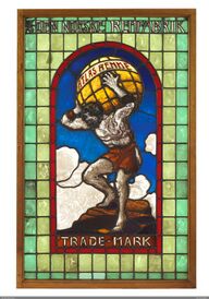 Glassmaleri fra 1916 for Den Norske Remfabrik for merkevaren «Atlas». Hang i fabrikkens lokaler i Christian Krohgs gate 2. Foto: Norsk Teknisk Museum