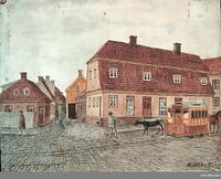 Hjørnet av Grønland og Smalgangen på en akvarell 1893-1895. Den rosa huset ha adresse Grønland, og ble mot slutten av 100-tallet erstatta med en større bygård. Maleri:Henrik Laurentius Helliesen/Oslo Museum