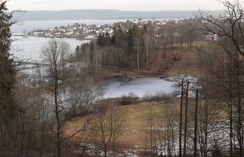 Fra hovedveien mellom Morberg og Nærsnes kan du til venstre, ned mot fjorden, se Graffdammen. Den ligger like over havna til Røyken Båtforening. (Foto: Victor Iversen 2020)