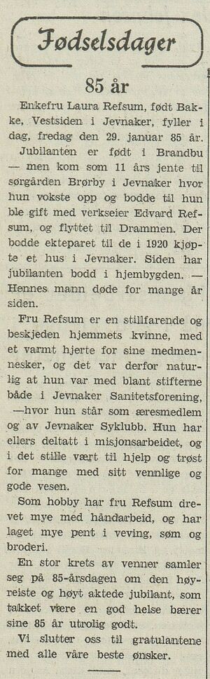 Gratulasjoner til Laura Refsum i Ringerikes Blad 29.01. 1965.jpg