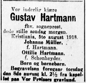 Gustav Hartmann prest dødsannonse Aftenposten 1918.JPG