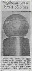Faksimile fra Morgenbladet 7. mai 1951; utsnitt av omtale av at Vigelands urne var montert i tårnet på Vigelandmuseet, åtte år etter hans bortgang.
