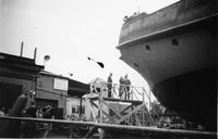 M/F Haalogaland døpes. Her er "fru veisjef Skagseth" (Astri Skagseth) ferjas gudmor lørdag 17. juli 1954. Foto ukjent, utlånt av Anny Sørensen