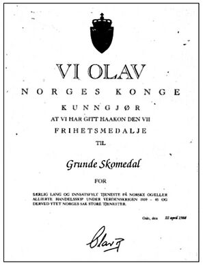 Haakon VIIs frihetsmedalje, diplom til Grunde Skomedal.jpg