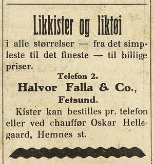 Halvor Falla & Co. Snekkerverksted annonse 1925.jpg
