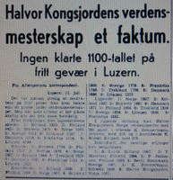 Faksimile fra Aftenposten 12. juli 1939: Omtale av Halvor Kongsjordens verdensmesterskap i Luzern.