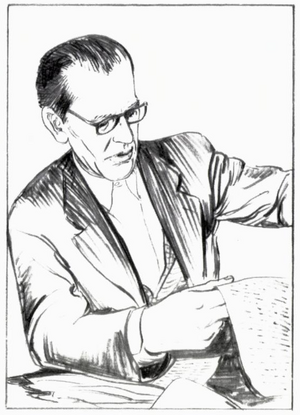 Halvor Røysland, tegnet av kunstneren Viggo Fauske i anledning historieverket Rjukan av historiker Helge Dahl.