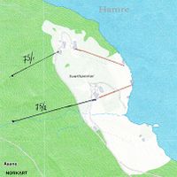 Kart som viser løypestrengar og taubaner på dei to gardane Hamre 75/1 og 2 i Volda