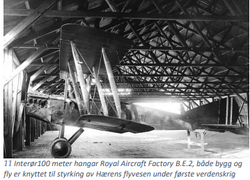 Hangar med BE2 Både hangaren "Hundremeteren" og flytypen er knyttet til styrking av Hærens flyvesen under første verdenskrig.