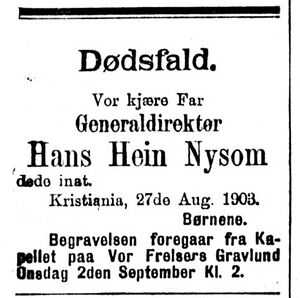 Hans Hein Theodor Nysom dødsannonse Aftenposten 1903.JPG