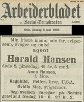 Dødsannonse i Arbeiderbladet, 1927