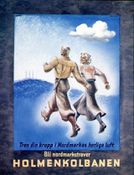 Reklameplakat for Holmenkollbanen, av Harald Damsleth, trolig fra 1930-åra. Foto: Harald Damsleth/Oslo byarkiv