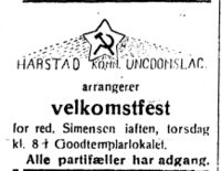 268. Harstad Kommunististiske ungdomslag fest annonsert i Folkeviljen 5.10. 22.jpg