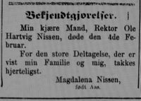 Bekjentgjørelse fra enken etter Harvtig Nissen i Aftenposten 12. februar 1874.