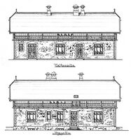 Arkitekt Paul Armin Dues tegning fra 1902 av stasjonsbygningens plattform- og bakside. Påskrift: «NYGAARD».