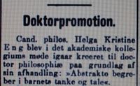 Faksimile fra Aftenposten 26. jan. 1913 om kreeringen av Helga Eng til dr. philos.