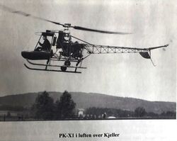 Helikopter PK-X1. Helikpteret var utviklet på Kjeller. PK står for initialene til konstruktøren Paul Kjølseth.