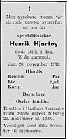 Dødsannonse for Henrik Hjartøy, faksimile fra Rjukan Arbeiderblad 23. november 1971
