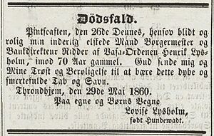 Henrik Lysholm dødsannonse 1860.jpg