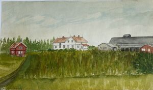 Akvarell/tegning av Herremyr (Nes gnr. 228), slik gården så ut i 1924. Av Vesla Sendstad.