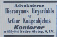 Annonse i Aftenposten 20. september 1903 om flytting av Heyerdahls advokatkontor til Nedre slottsgate. Han hadde lokaler i gården i Kongens gate 20 som ble rammet av brann bare fem dager før. Foto: Stig Rune Pedersen