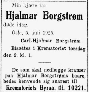 Hjalmar Borgstrøm dødsannonse Aftenposten 1925.jpg