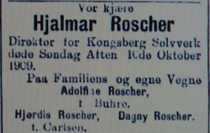 Hjalmar Roscher dødsannonse Aftenposten 1909.JPG