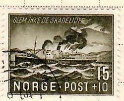 Frimerke. 1944 15+10 øre. Hjelp til de skadelidte.