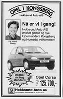 Hokksund Auto reklamerer for Opel Corsa. Annonse i Laagendalsposten 20. oktober 1994.