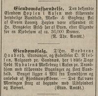 Salg av Nydalen og Hopla. Adresseavisen 13. september 1884.