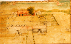 Huseby gård i eldre utgave, antagelig fra første halvdel av 1800-tallet eller tidligere. Påskriften lyder slik: "Prospect af Schesmoe Præstegaard, fra den syd-østere Side."