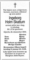 Ingeborg Holm Skattums dødsannonse i Aftenposten, 30. desember 2003.