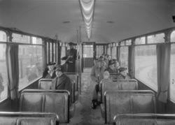 Interiør i vogn 4. Bilde brukt på Verdensutstillingen i New York 1939. Fotograf Schrøder/Sverresborg - Trøndelag Folkemuseum