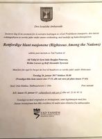 Invitasjon til seremoni i Oslo rådhus, Gerd og Alf Pettersen skulle hedres post mortem med «Rettferdige blant nasjonene» (Righteous Among the Nations). Foto: I privat eie (2017)