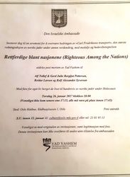 Invitasjon til seremoni i Oslo Rådhus 26. januar 2017.