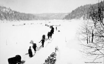 BÅRSRUDTJERNET 1880-1900. Transport av isblokker med hest og slede på Bårsrudtjernet. (Foto fra Nærsnesalbumet, fotograf ukjent)