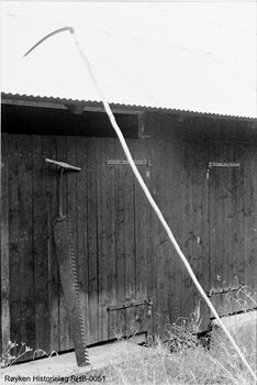 Issag og en langskaftet ljå fra Øvre Høvik gård. Ljåen ble brukt til å slå vannliljer og siv nede ved bunnen av dammene om høsten. (Foto Ole Sønju - Røyken Historielag) .