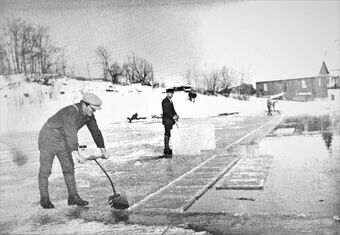 1912-1920. Isskjærere på Schwartzedammen, Søndre Nærsnes gård i bakgrunnen. Dette bildet av Oscar Ellefsen er modell for isskjærerfiguren som Ole Sønju laget og som pryder veggen på Nærsnes Grendehus. (Foto fra Nærsnesalbumet)