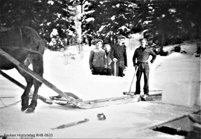 Isskjæring og opplessing på isslede på Høvikdammen i Båtstø. Isen ble transportert til lagring i isstabel ved Høvikvollen. 1935-1939. (Fotograf ukjent) .