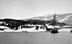 Fotografi fra 1880-tallet. Dette er det eldste kjente bilde av isstabelen på Mellomstranda som sees midt på bildet. Til høyere bak skutene ser vi isstabel og ishus på Flatstranda. Skutene er enten i vinteropplag eller venter på islast. Eiendommen Nærsnesstranden til venstre der Teglverket senere ble bygd og friområdet Propsen ligger i dag. (Bildet er et utsnitt av et større bilde fra Røyken Historielag)