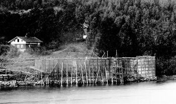 Isstabelen på et bilde fra 1893-1898. Helt til venstre ser vi «den lille isbrygga» (ref. post 10 nedenfor) og mellom denne og isstabelen ser vi isrenna som kommer ut fra området med vei/isrenner i bakken opp mot eiendommen Bryggebakken (ref. post 11 nedenfor) (Utsnitt av foto fra AS Søndre Nærsnes)