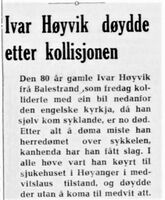 Faksimile fra Sogns Avis 23. august 1961: notis om Ivar Høyviks bortgang som følge av en trafikkulykke.
