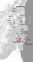 Hovedbanen til Eidsvoll i 1854 var første ledd i jernbaneutbyggingen Østlandet-Trøndelag, men ingen plan for videre utbygging forelå ved åpningen. Skisse av Steinar Bunæs.
