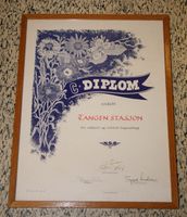 Diplom for vakkert og velstelt hageanlegg tildelt Tangen stasjon. Foto Jernbanemuseet.