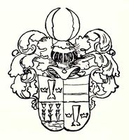 Joachim Irgens von Westerwichs adelsvåpen fra 1674 med stokkfisk i 1. og 4. felt, samt bjelke i 2. felt og liljer i 3. felt fra Irgens' våpen